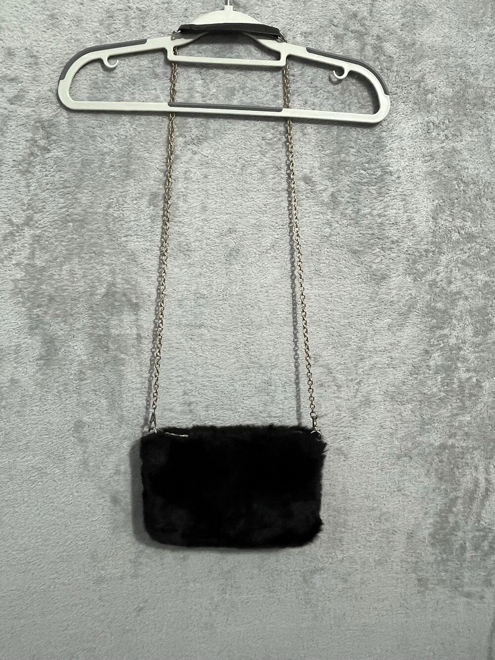 Faux Fur Crossbody Purse Black Gold Chain Club Party